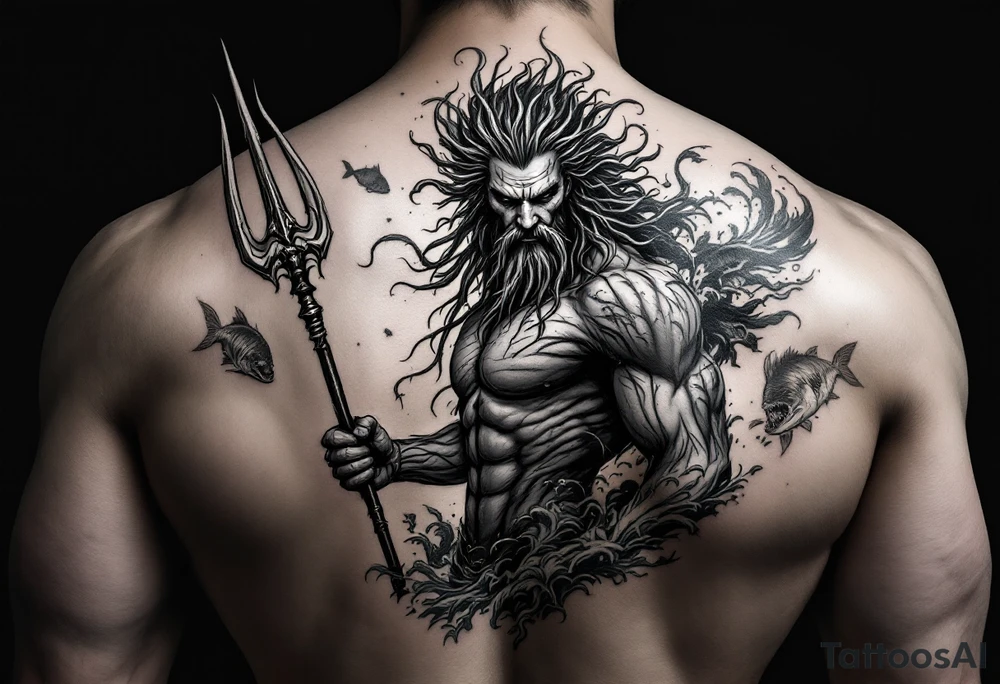 poseidon with trident, surrounded by water and marine life tattoo idea