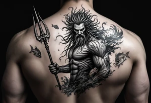 poseidon with trident, surrounded by water and marine life tattoo idea