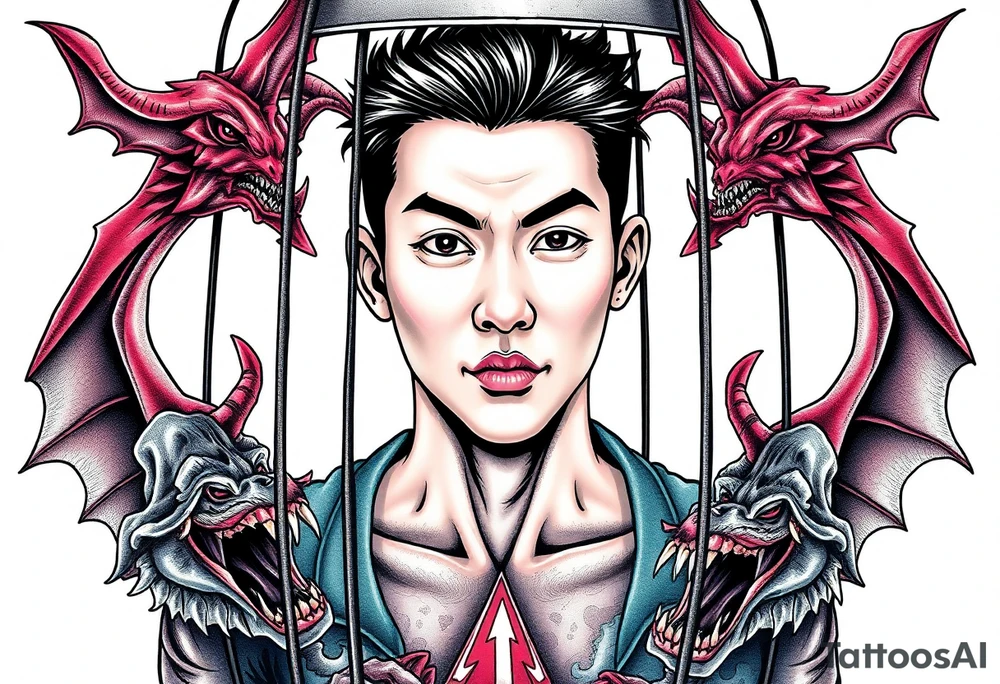 Handsome Asian young guy in demons cage tattoo idea