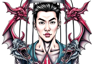 Handsome Asian young guy in demons cage tattoo idea