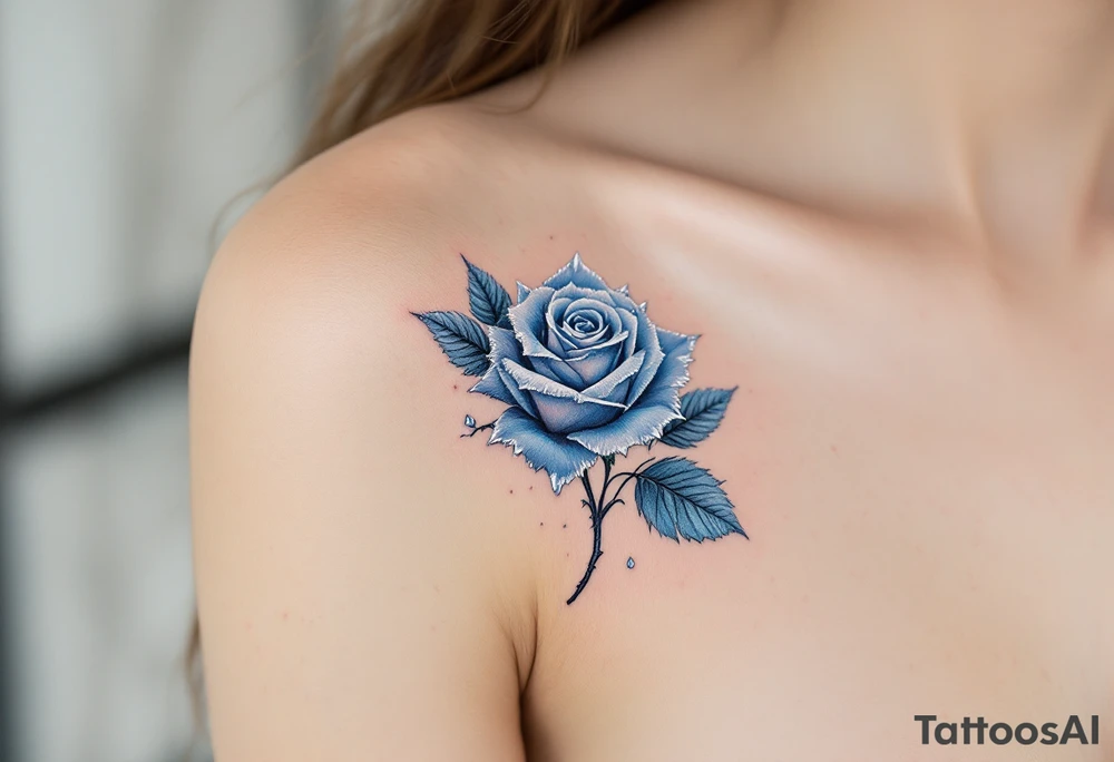 Frosted blue rose with icicles, icy blue petals with sharp crystal tips, a few frozen droplets on the edges. tattoo idea