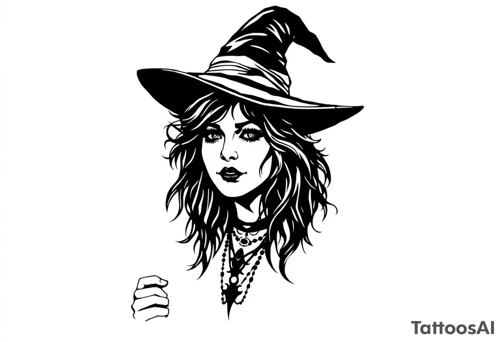 A silhouette stencil style drawing of Stevie nicks as a witch tattoo idea