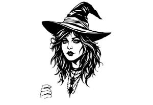 A silhouette stencil style drawing of Stevie nicks as a witch tattoo idea