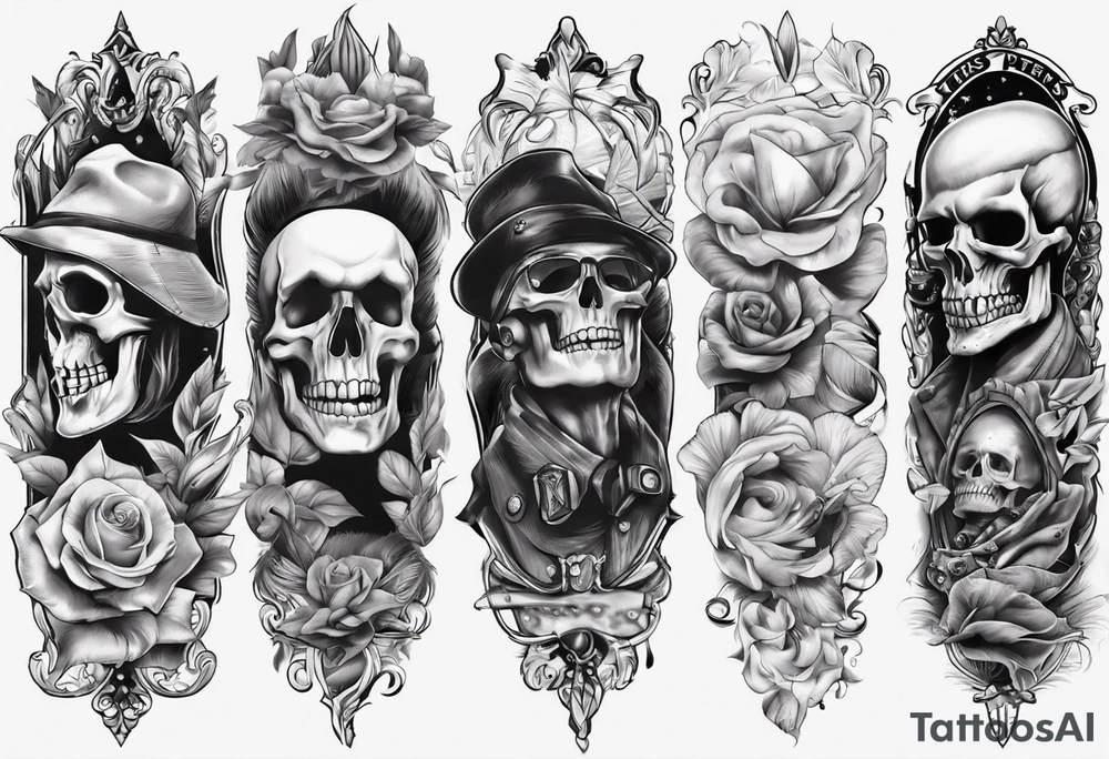 men’s arm sleeve, the name Peters, jack of all trades, without skull tattoo idea
