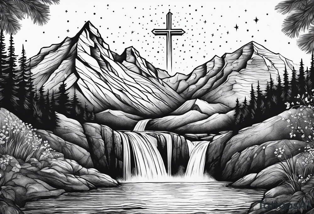 mountains, nature, stars, cross, waterfall, water tattoo idea mountains, nature, stars, cross, waterfall, water tattoo idea