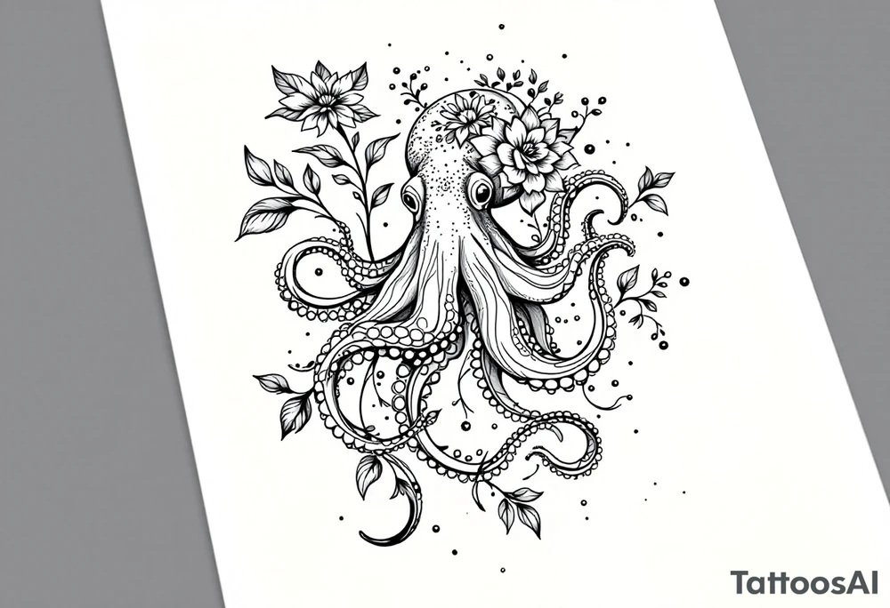 realistic octopus, detailed linework, intricate, black-and-grey shading, elegant floral vine, intertwining tentacles, thin black swirling lines, semi-transparent brown leaves, delicate mandala flower, dotwork, ornamental flourishes, radiating design, fine-line style, minimalistic, organic flow, feminine, artistic, slightly surreal, seamless composition, marine botanical fusion, lifelike texture, graceful rhythm, natural growth integration, body-following design, smooth shading, soft leaves wrapping, blooming shoulder flower, outward radiating pattern, vine tentacle flow, integrated sea creature, botanical octopus curved body placement, natural organic movement tattoo idea