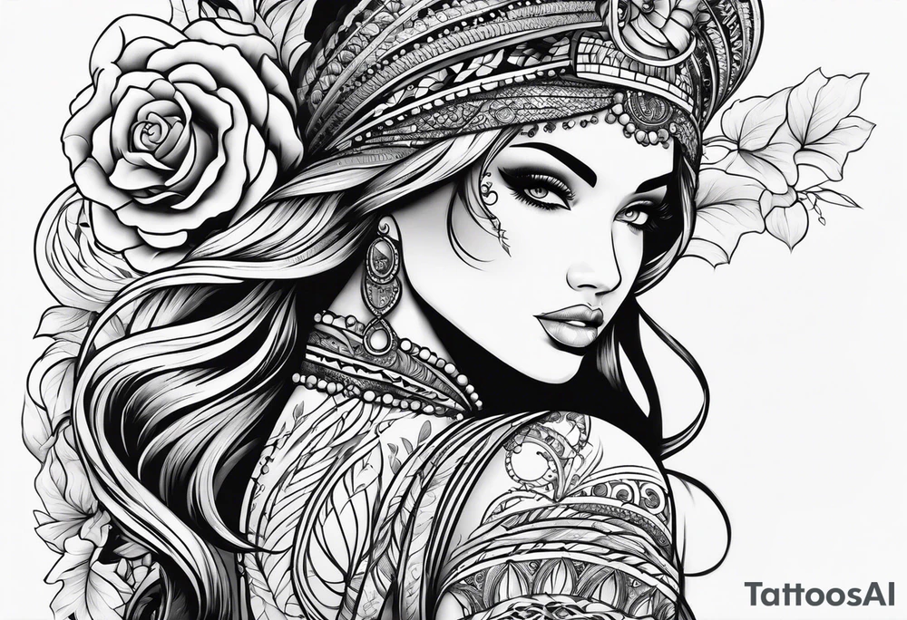 bold feminine sleeve tattoo idea