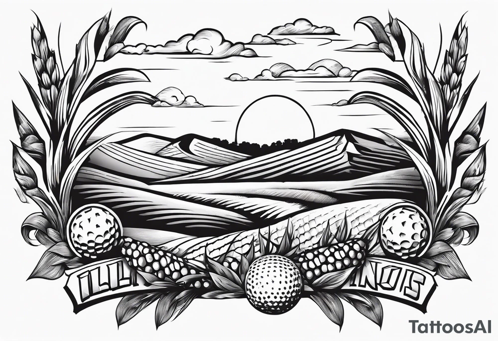 Illinois shape with corn, cubs, golf theme tattoo idea