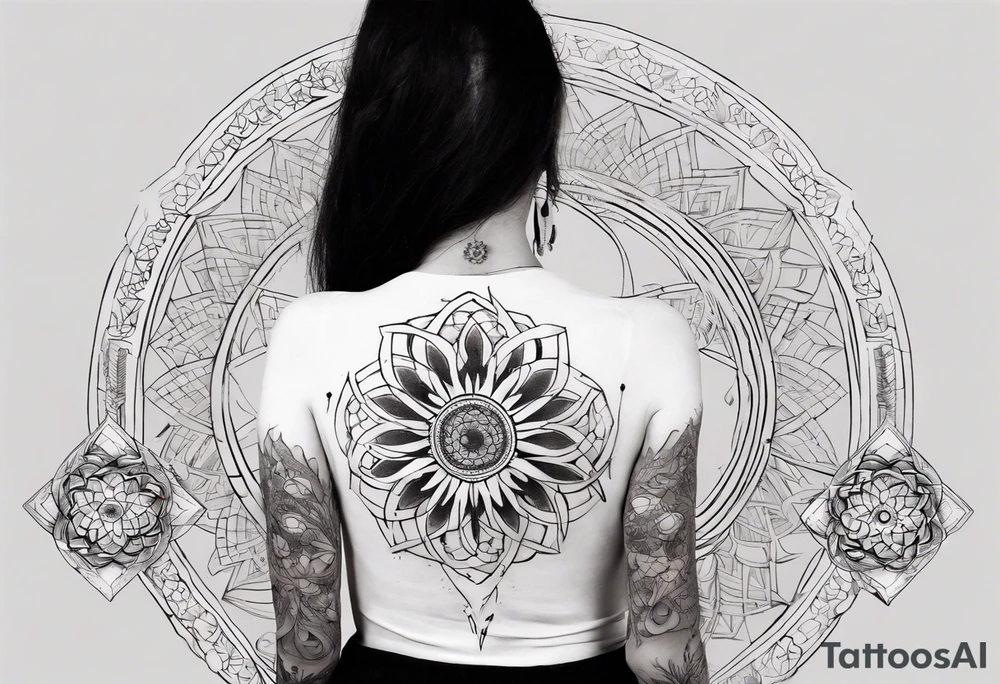 Sleeve tattoo on a woman's arm. Phoenix and mandala gold Flower and mandala Metatron's cube sacred geometry tattoo idea