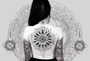 Sleeve tattoo on a woman's arm. Phoenix  and mandala gold Flower and mandala Metatron's cube sacred geometry tattoo idea