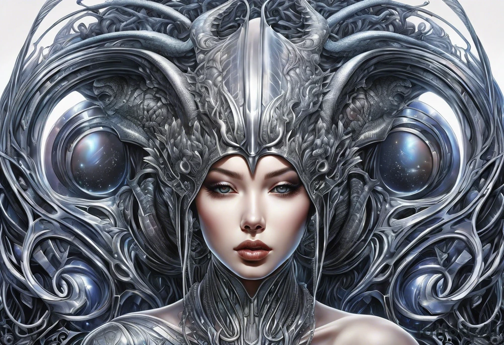 Hajime Sorayama type blended with HR Giger alien creatures with vines tattoo idea