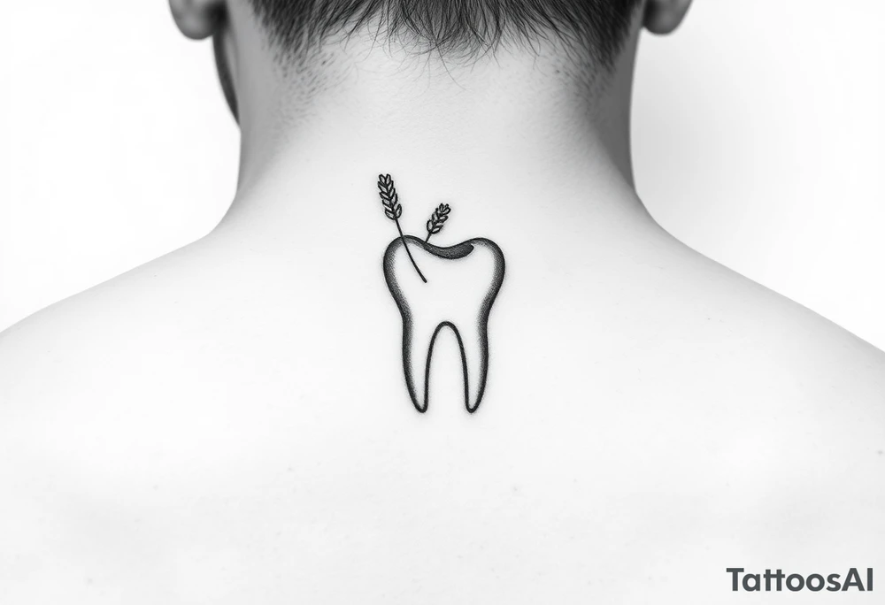 Minimalist single-line molar tooth with a tiny sprig of lavender gently wrapping around one side, soft shading only at the roots, elegant and feminine, ideal for behind-ear placement.” tattoo idea