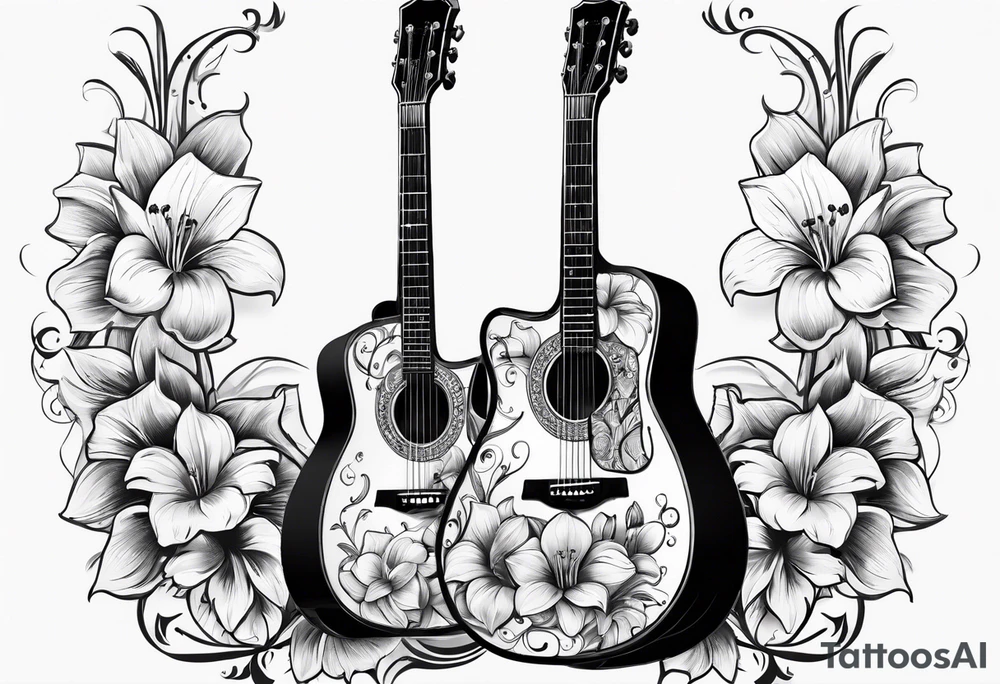 black acoustic guitar wrapped with lilies, with a simple black star on the guitar body. tattoo idea