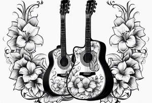 black acoustic guitar wrapped with lilies, with a simple black star on the guitar body. tattoo idea