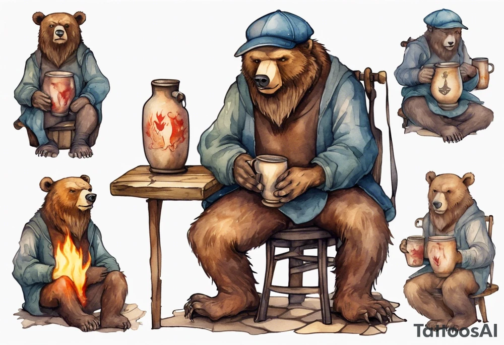 a medieval bear-human hybrid with a long beard wearing a cap, sitting on a stool by the hearth and drinking from a wooden mug tattoo idea