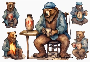 a medieval bear-human hybrid with a long beard wearing a cap, sitting on a stool by the hearth and drinking from a wooden mug tattoo idea
