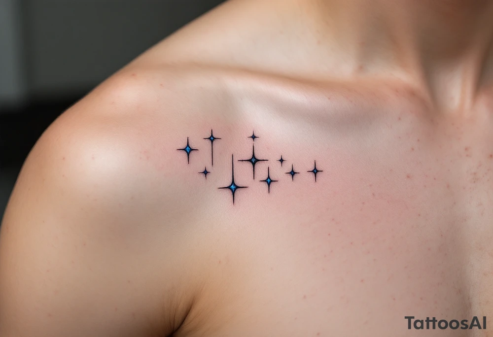 A minimalist Sagittarius figure tattoo, with thin, fine lines connecting the bright stars. The stars are dotted with a subtle blue glow. The tattoo can have a faint purple watercolor wash around the lines to give it a celestial vibe, with the stars representing the Sagittarian quest for wisdom and truth. tattoo idea