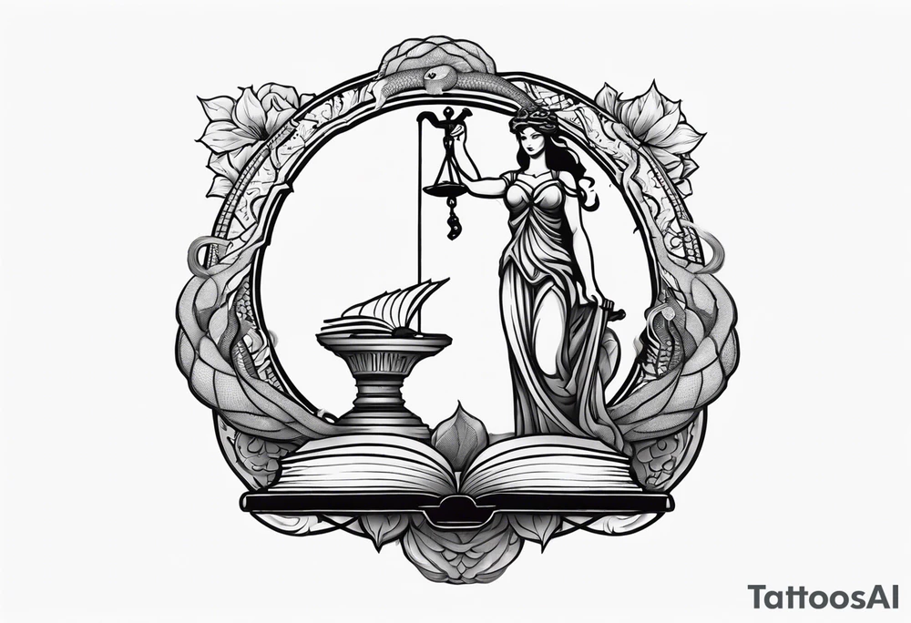 Back and gray blindfolded lady justice with a sword in her right hand and scales in her left hand standing on a book and a snake tattoo idea