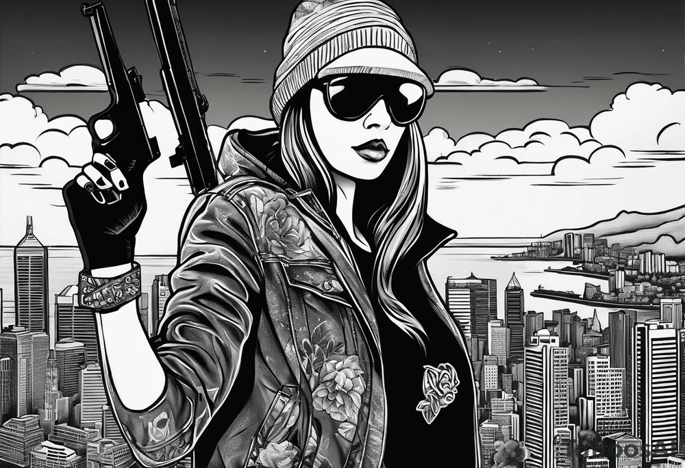 Woman wearing a ski mask holding a gun with graffiti as the background and a scenic view of Sydney city tattoo idea