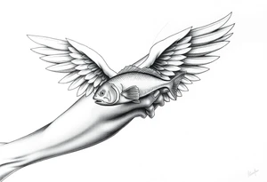 angel wings with fish inside the wings tattoo idea