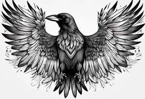 crow with open wings, only line drawing, symmetrical, without background, tattoo idea