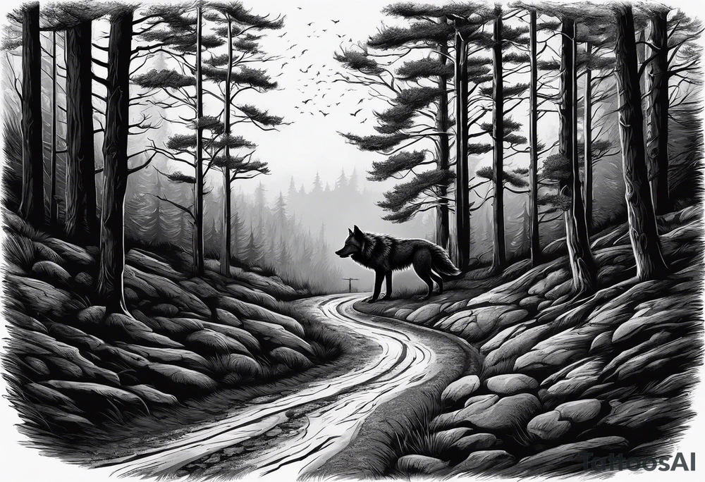Lone wolf on a path or road. A pack of wolfs on the opposite end of road. More realistic tattoo idea