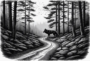 Lone wolf on a path or road. A pack of wolfs on the opposite end of road. More realistic tattoo idea