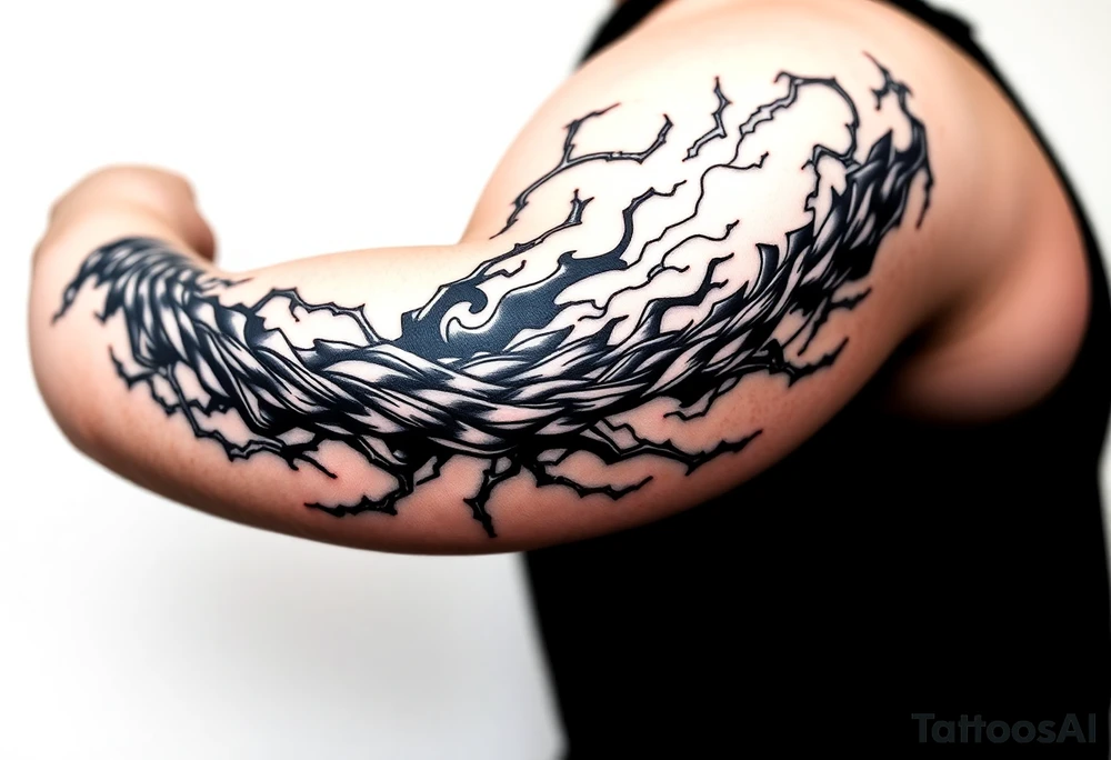 I want a tattoo inspired by the character Izuku midorya from my hero academia. I want his black whip and lighting across my bicep, shoulder and leading slightly to my traps. I want it to be sharp. Not lacking or cringy. Sharp. I don’t want the character or the characters arm. I want the black whip and lighting. tattoo idea