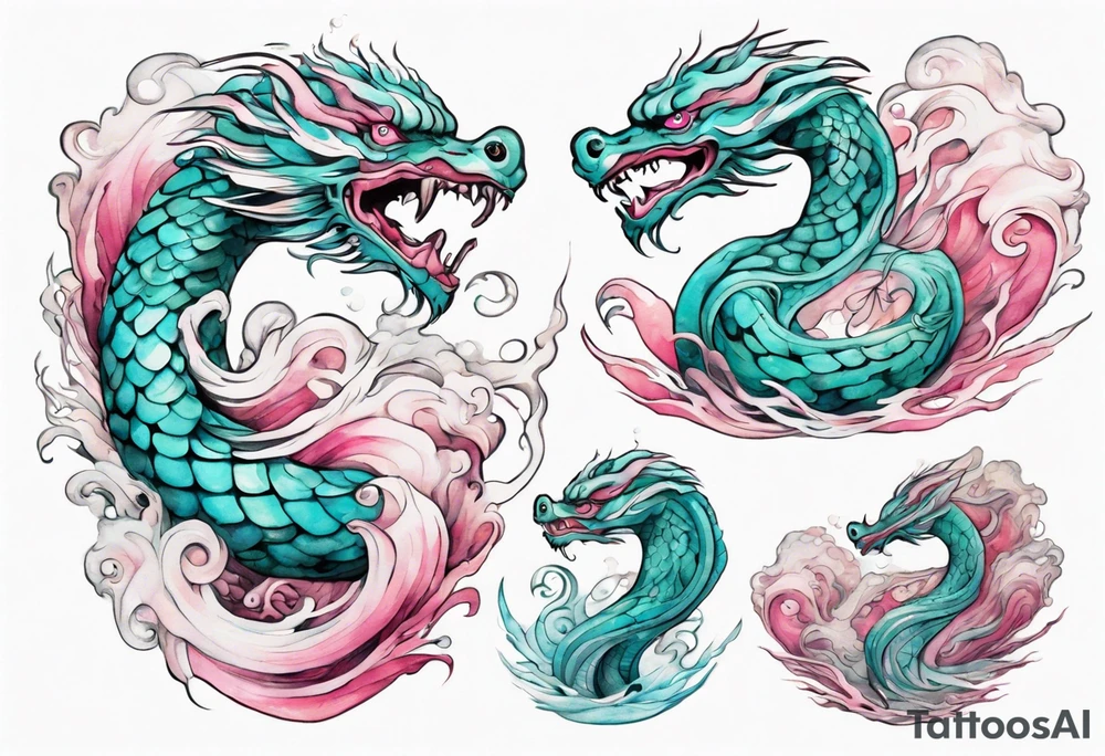 a beautiful turquoise pink and white sea  feathered serpent rising from the waves of the ocean tattoo idea