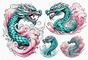 a beautiful turquoise pink and white sea  feathered serpent rising from the waves of the ocean tattoo idea