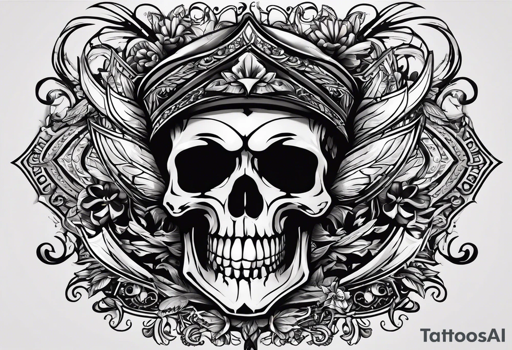 I want a tattoo with a skull design that says "work hard" at the top and "play hard" at the bottom, in black only. tattoo idea