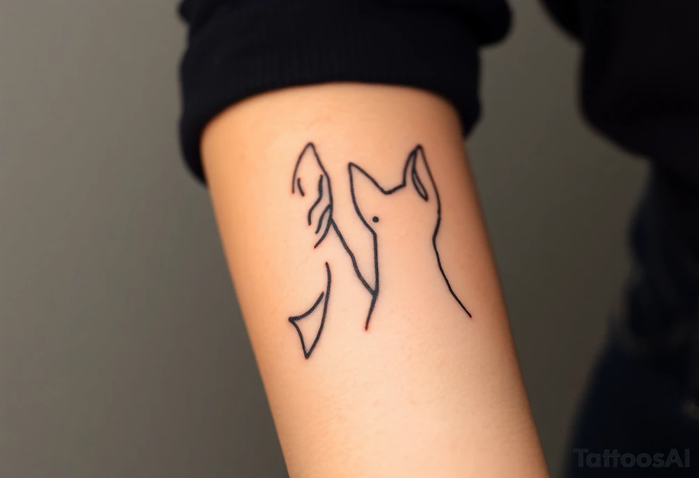 outline of pitbull ears, next to the outline of austrailian cattle dog ears, as they look off into the sunset tattoo idea