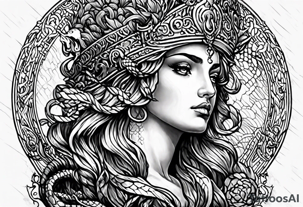 Athena sad looking up at medusa tattoo idea