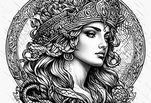 Athena sad looking up at medusa tattoo idea