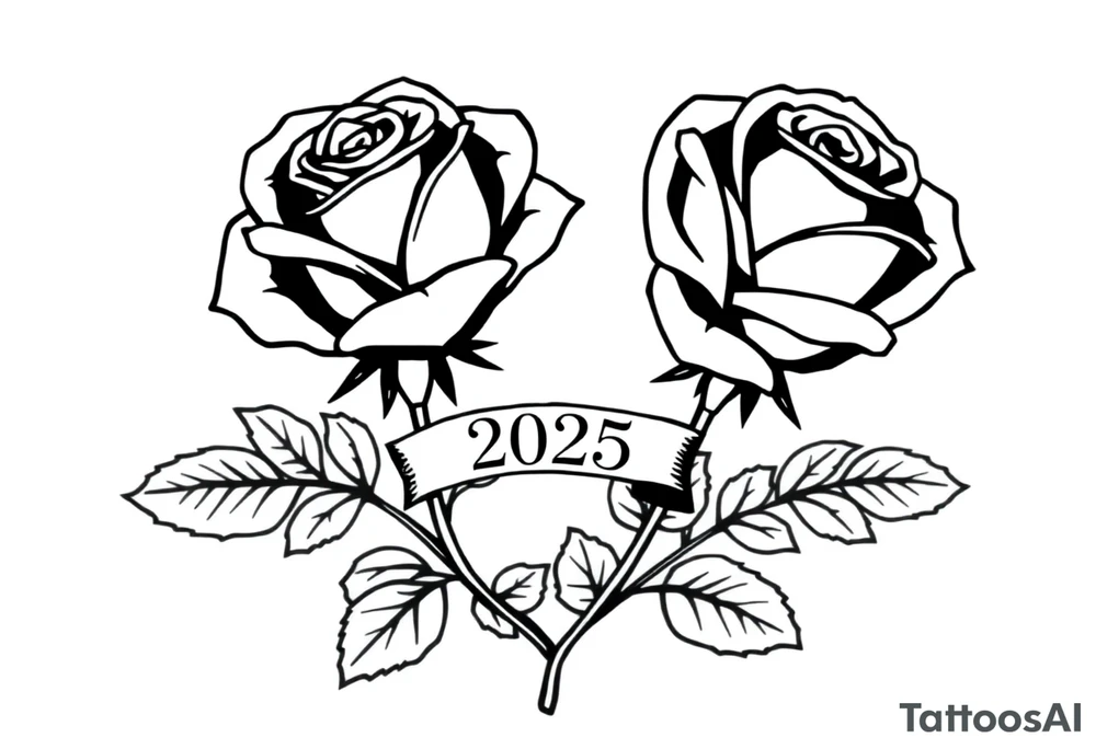 two beautiful large rose buds, one larger than the other, with many leaves next to the rose buds, with one sitting higher than the other. Include a banner connecting the two roses with the year 2025 on it.   Use dark outlines with little shading. The two stems should be short, not long, and connect and join into one stem, whimsically curved or twisted - not straight down. tattoo idea