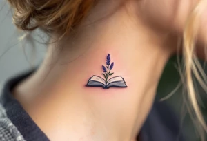 A small lavender sprig growing from an open book, representing knowledge, growth, and serenity. tattoo idea