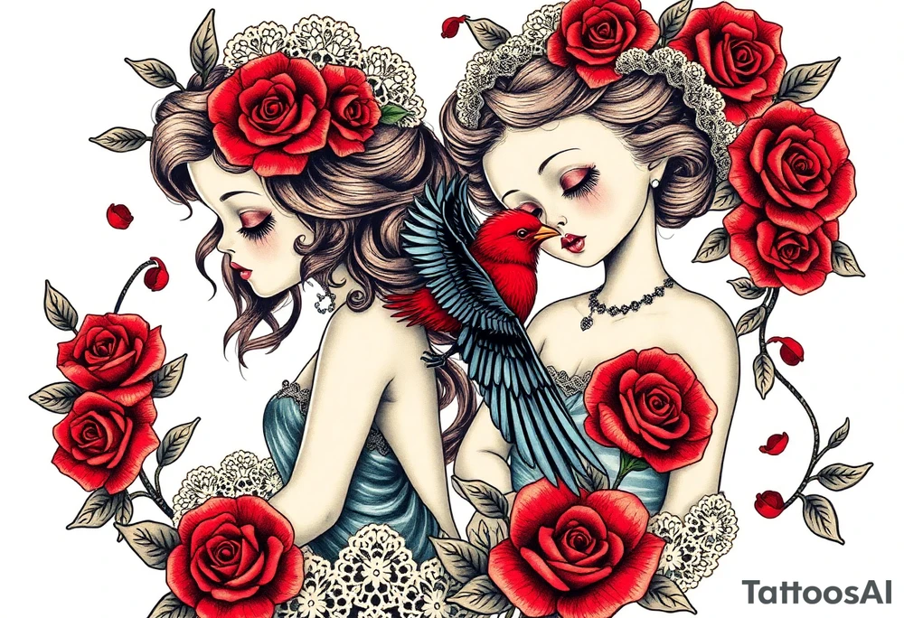 Vintage dollies, red roses, lace, red bird, vintage, wrap around, tighter together, no space open tattoo idea