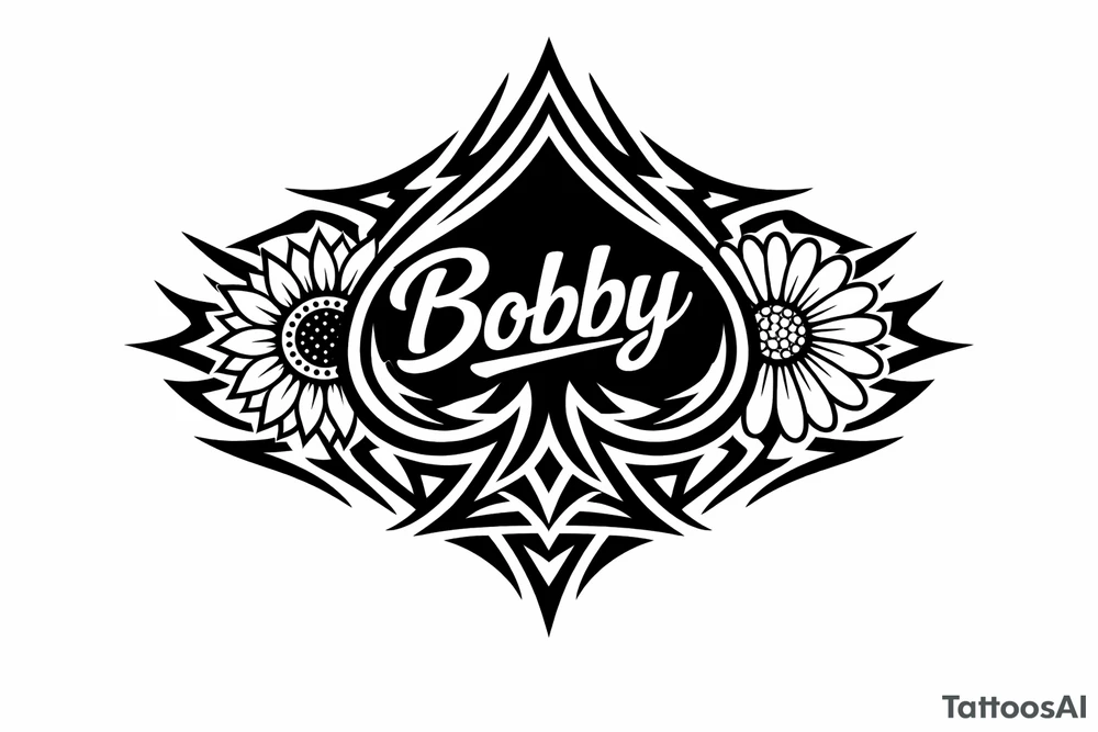 Bobby middle center inside the middle of the spade with a sunflower and a daisy on each side of the spade very super extremely traceable to trace onto notebook paper, very super extremely easy and simple traceable tracing black and white outlining outline coloring pages very super extremely traceable to trace onto notebook paper tattoo idea