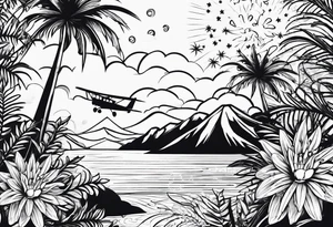 Daisies, palm tree and airplane anchor waves fireworks, mountain,  ski , sun 06, 09, 11, 716, 02072 tattoo idea