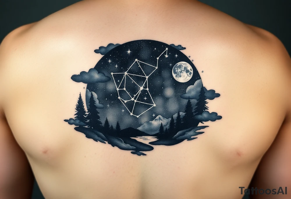 Night sky with a constellations, stars and moon seen through a frame of natural landscape tattoo idea