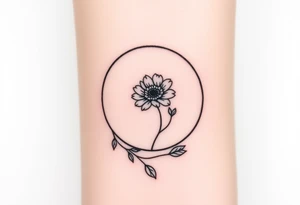 Small black and white tattoo full moon with small chrysanthemum and tiny scorpio gliph inside moon tattoo idea