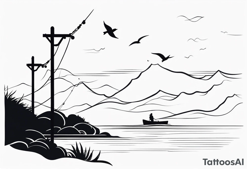 silhouette of landscape and fishingpole tattoo idea
