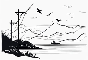 silhouette of landscape and fishingpole tattoo idea