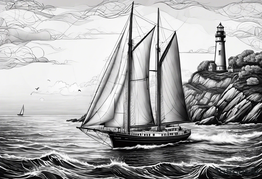 voilier vue de face. phare maritime fixé au centre du voilier et utilisé comme un mat pour les voiles. tattoo idea
