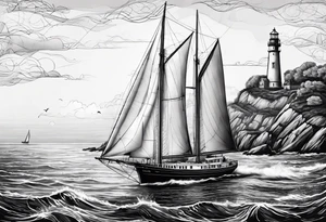voilier vue de face. phare maritime fixé au centre du voilier et utilisé comme un mat pour les voiles. tattoo idea