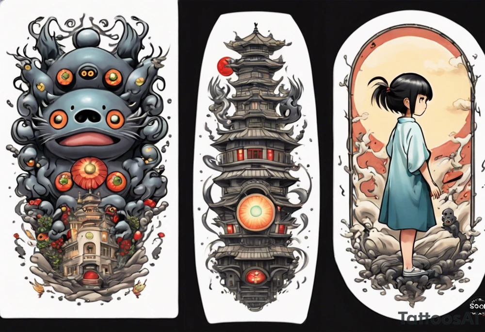 spirited away, chihiro, soot sprites, neotraditional style tattoo forearm tattoo idea