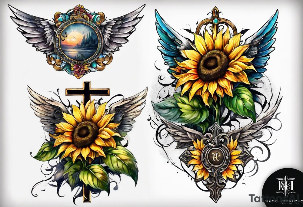 Winged cross with sunflower arm sleeve tattoo idea