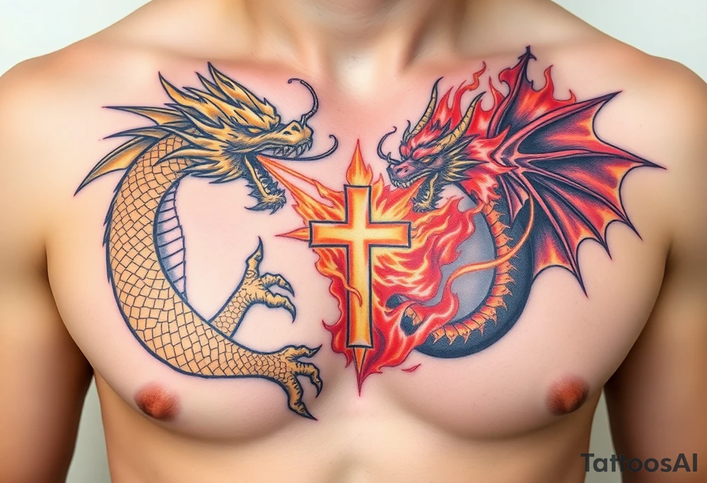 Gold dragon breathing fire at red dragon breathing with Jesus in the middle blocking both flames tattoo idea