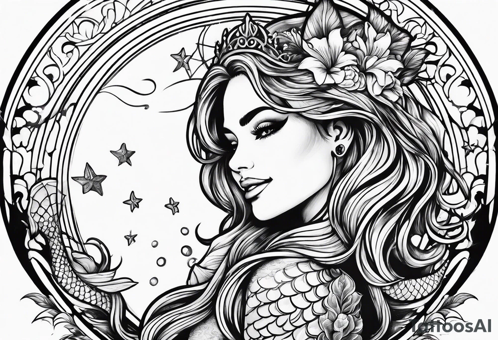 Mermaid with her arm up in the air above her head and smiling tattoo idea