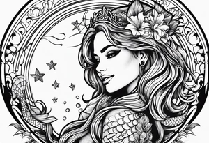 Mermaid with her arm up in the air above her head and smiling tattoo idea
